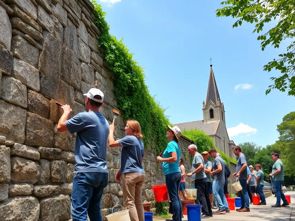 A photograph depicting volunteers cleaning and restoring a section of the Saint-Martin Church's exterior stone wall, showcasing community involvement in the preservation efforts.
