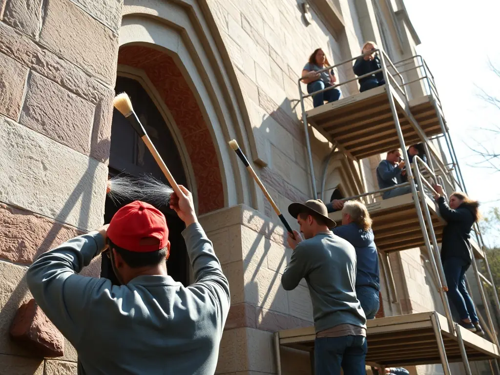 A photograph depicting volunteers working on the exterior restoration of the Saint-Martin Church, showcasing their dedication and teamwork.