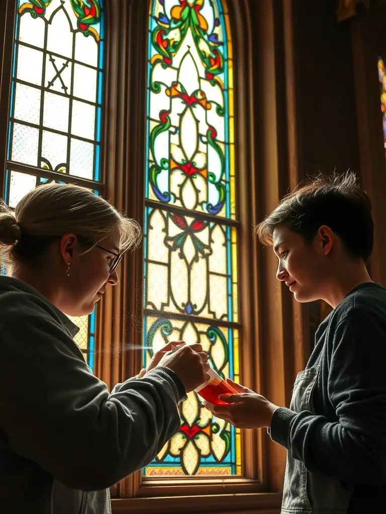 A photograph of a volunteer carefully restoring a stained glass window in the Saint-Martin Church, showcasing the meticulous work involved in preserving its artistic heritage.